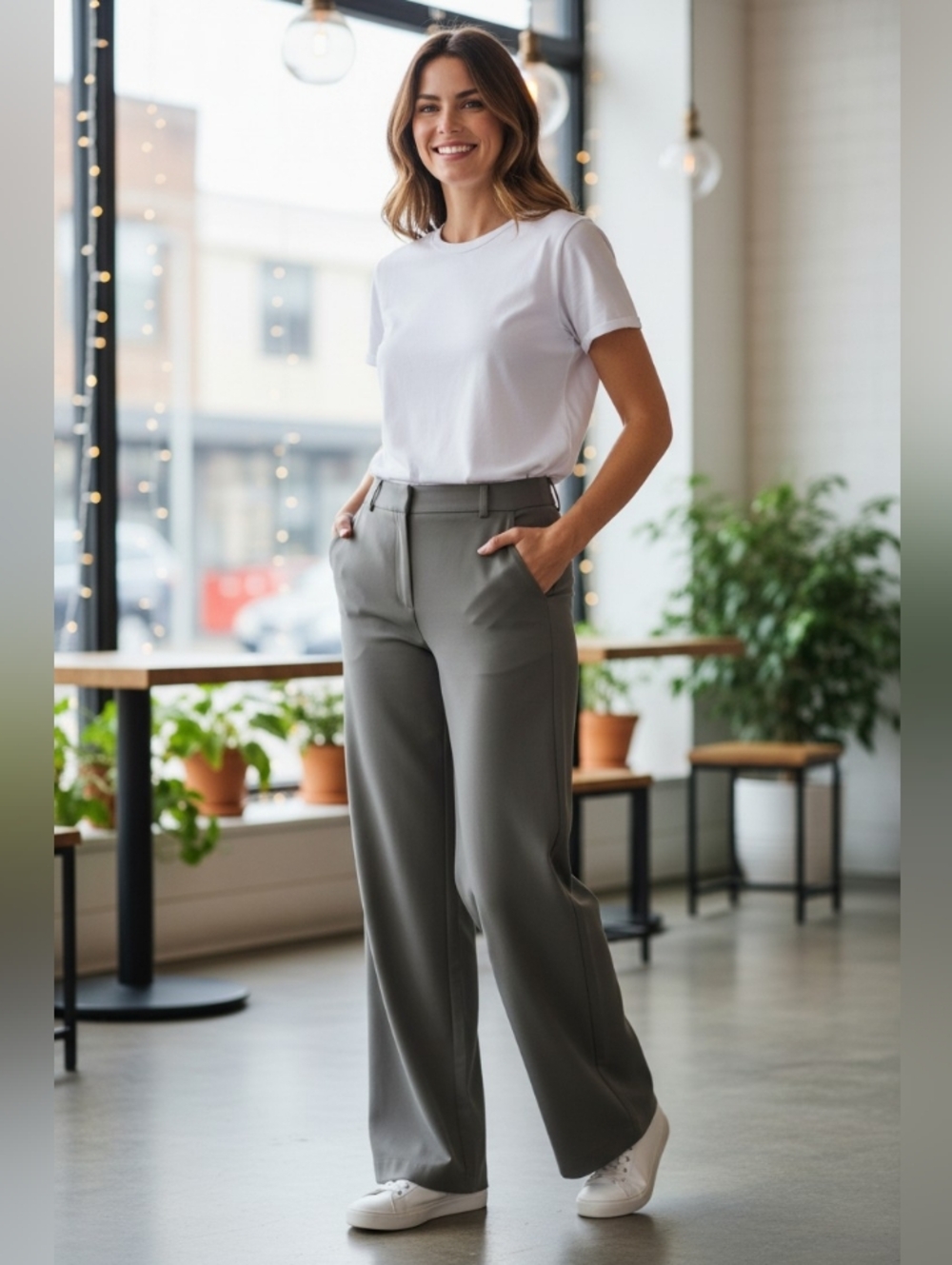 NIFE Pants Women's Trousers Wide Leg  Lightweight US Size 10 Gray Buttons Pocket